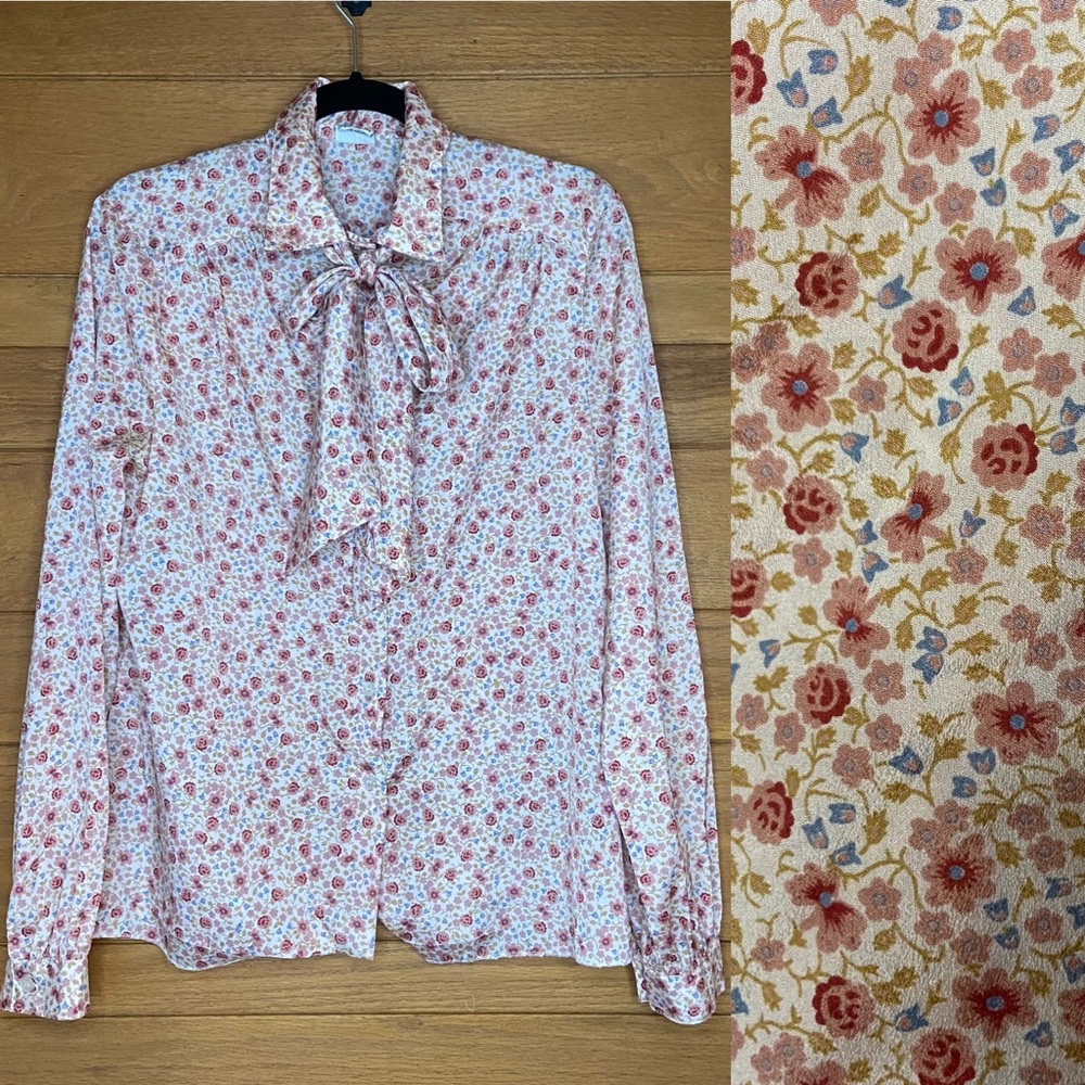 Vintage floral Bronson of California button up ribbon bow tie long sleeve top